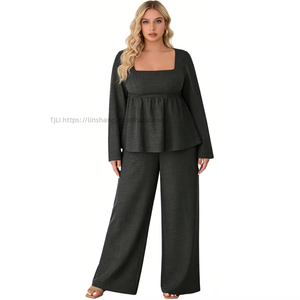 Women's Plus Size Peplum Top & Wide Leg Pants <b>Set</b> <b>Square</b> Neck Long Sleeve 2 Piece Loungewear Fashion - Product Image 1