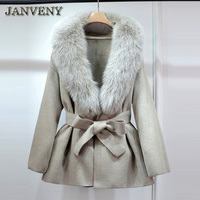 Manteau en laine double face en cachemire pour femme JANVENY 2024, hiver, surdimensionné, avec col en fourrure de renard moelleuse détachable