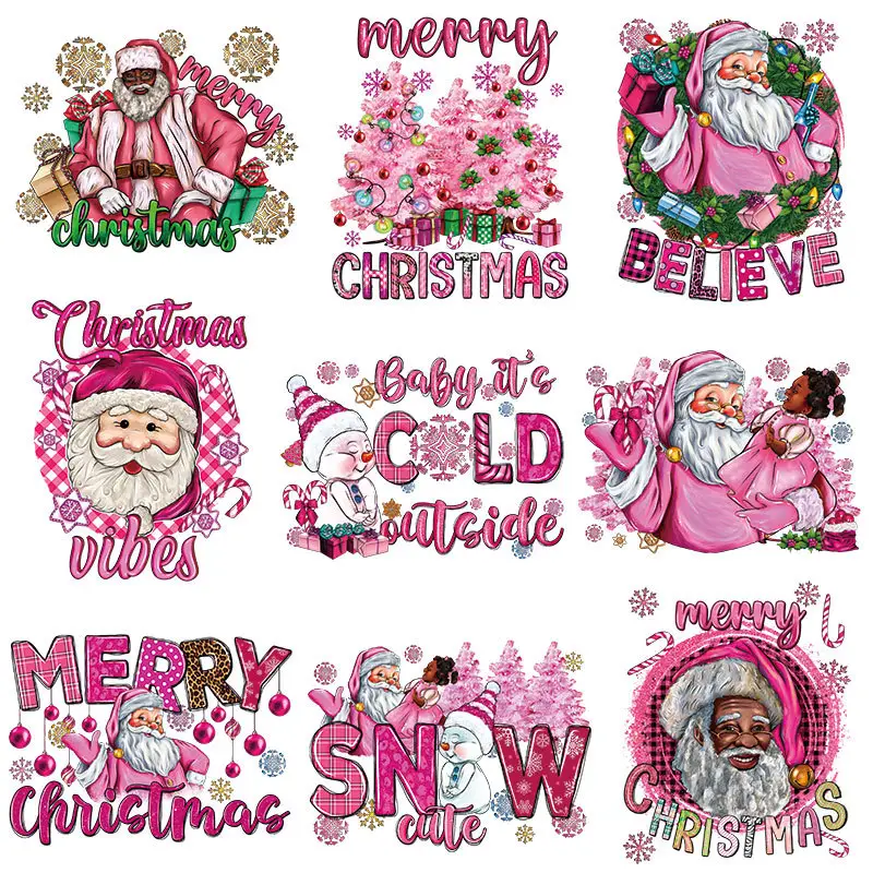 Pembe kardan adam DTF isı basın transferi toptan baskı Sticker termo çıkartmalar vinil yapışkan Merry Christmas