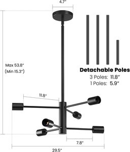 Modern Mid Century <strong>Sputnik</strong> Chandelier 6 <strong>Light</strong> Matte Black Metal Hanging <strong>Fixture</strong> for Dining Room Kitchen Island Living Room - Product Image 4