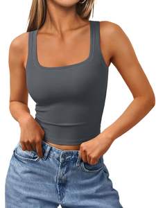 Camisetas sin mangas acanaladas recortadas con cuello cuadrado atléticas de verano para mujer al por mayor, camisola de entrenamiento sin mangas para gimnasio y yoga - Product Image 5