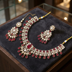 Indian Traditional Antique Gold Plated Kundan Choker Necklace Multicolor Gemstone Bead Navratna Style Wedding Bridal Jewelry <b>Set</b> - Product Image 3