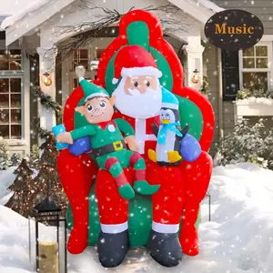 Papá Noel de 6 pies en el sofá con pingüinos y elfos, adornos navideños inflables para fiestas al aire libre y decoración de patio, suministros de Navidad
