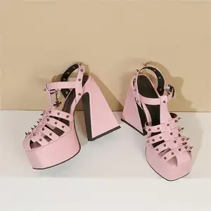 BUSY GIRL SL4935 pink white rivet women sandals chaussures pour femmes gothic shoes thick heels for ladies platform sandals