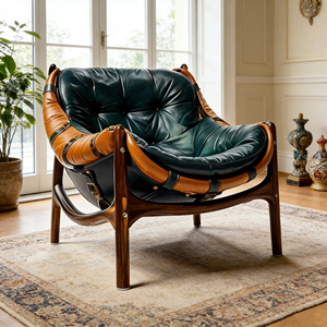 Sillón de Salón de Mediados de Siglo, Sillón de Cuero Marrón, Sillón Reclinable de Relajación, Sofá Individual para Sala de Estar, Sillón Vintage con Brazos de Madera - Product Image 6