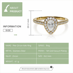 Pear Zircon Halo <b>Ring</b> Stainless <b>Steel</b> 14K Gold Vacuum Plated Pavé Shoulder Teardrop Statement <b>Ring</b> - Product Image 4