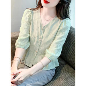 Camicie da donna alla moda alla moda stile Bag-24 eleganti e Casual con maniche a <span class=keywords><strong>tre</strong></span> <span class=keywords><strong>quarti</strong></span> <span class=keywords><strong>camicette</strong></span> Vintage con bottoni in tinta unita - Product Image 1