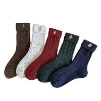 Chaussettes de Noël en laine pour l'automne et l'hiver, chaussettes en laine à pois brodées en polaire pour femmes, chaussettes mi-mollet épaisses et chaudes en relief