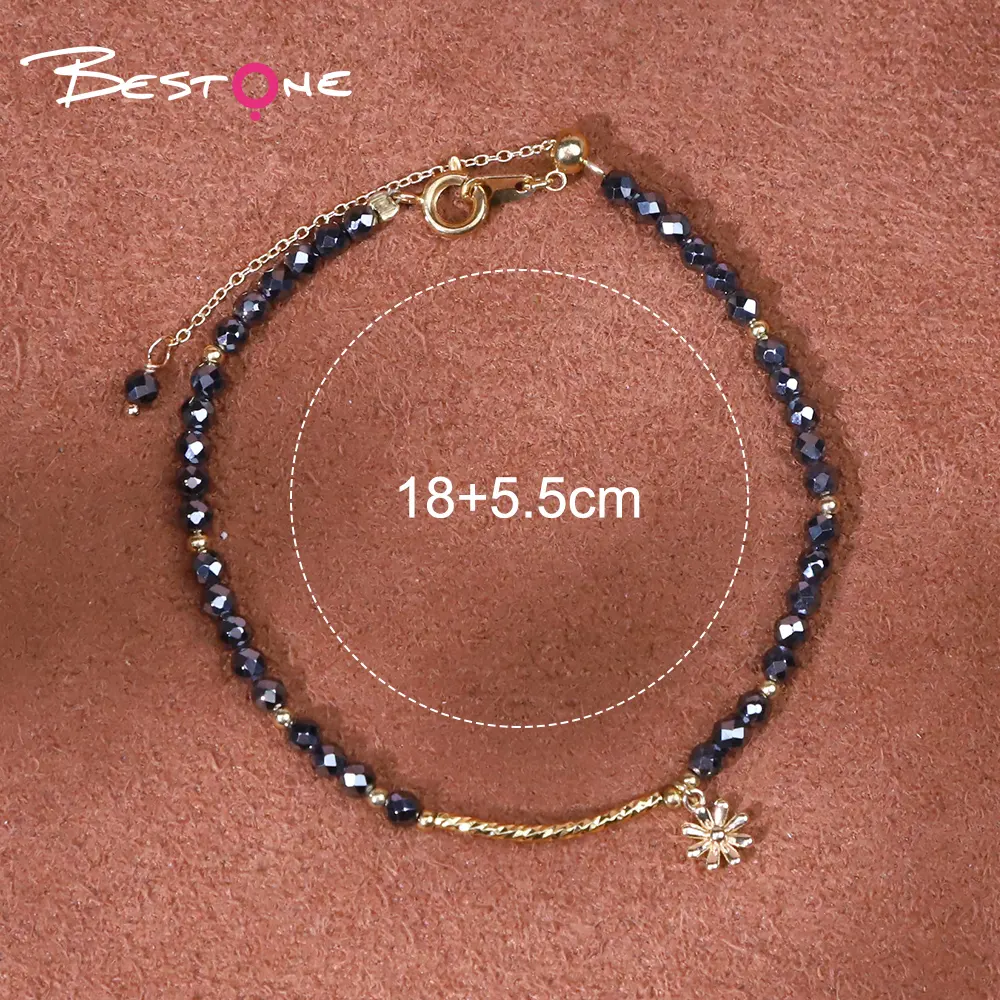 Discover Exquisite Designs Personalized Packaging Bestone 18K Gold Plated Hematite Stone Faceted Bead Bracelet with Flower Charm