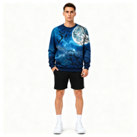 Sweat-shirt à col rond pour homme en polyester avec sublimation personnalisée, motif chauve-souris au clair de lune, impression intégrale pour Halloween