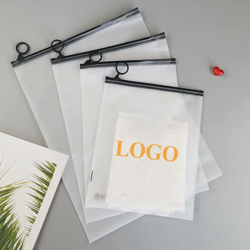 Hot sale custom logo printed pvc transparent matte frosted eva slider zipper bags ring