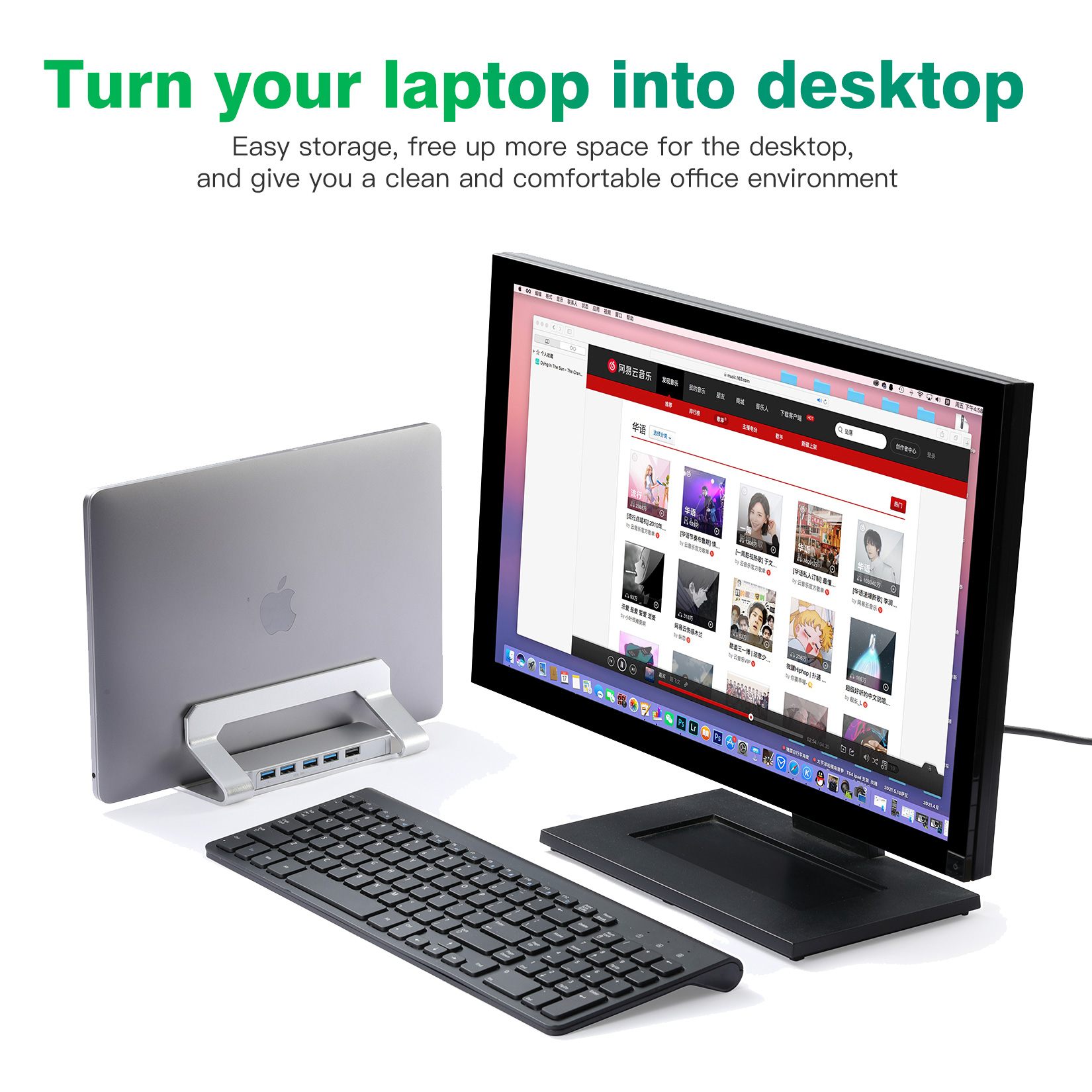 Aluminum Width Adjustable Vertical Desktop Holder Dock Save Space for Desk Organizers and Storage Laptop Stand With 3.0 Hub