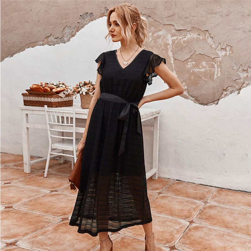 Empire Waist V-neck Lace Ruffled Maxi Dress For Ladies - Black Office Wear, Odm
