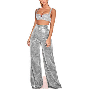 Custom Women Metallic <strong>Sparkly</strong> <strong>Wide</strong> <strong>Leg</strong> Pants Glitter Silver <strong>Trousers</strong> High Waist Straight Tube Sexy Club-Wear Women Pants - Product Image 4