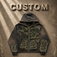 Sweat à capuche zippé vintage camouflage délavé pour homme, veste camouflage patchwork déchirée épaisse, coupe oversize streetwear ample 2026