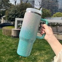 Gobelet isotherme portable en acier inoxydable 304 de 40 oz avec poignée en strass, grande capacité, avec paille