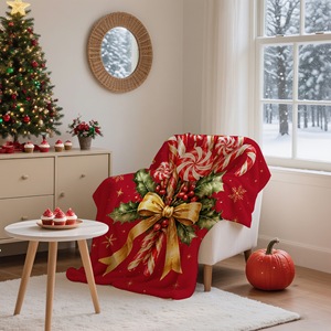 Couverture imprimée en forme de canne à sucre de Noël, rouge, rectangulaire, en tissu polaire flanelle, décoration de maison, style classique d'hiver - Product Image 5