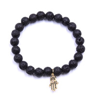 Bracelet pour hommes Pierre de lave CZ Pave Hand Charm Bracelet élastique perlé pour hommes