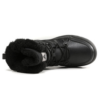 Bottes de neige mi-mollet pour femmes, dessus en cuir avec empiècements, col en fourrure pelucheuse, couleur noir beige, semelle antidérapante à crampons, bottes de randonnée