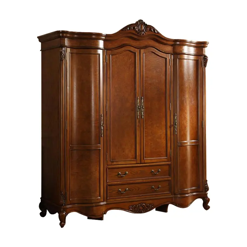 Factory customization antique home furniture luxury four doors wardrobe for bedroom solid wood European style hotel cupboard