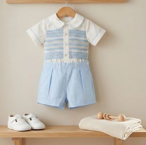 Pelele corto azul de alta calidad para bebé, con smock hecho a mano, manga corta, estilo clásico, ropa de verano para bebé OEM - Product Image 1
