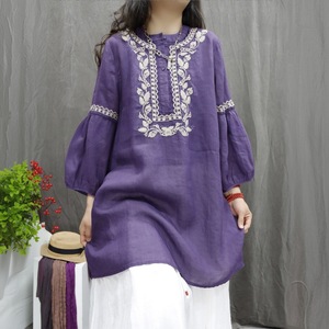Retro Ramie Embroidery Top Women Loose Mid Length Casual Shirt Dress Breathable Everyday Wear - Product Image 4