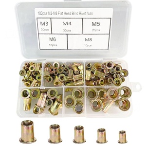 Juego de 100 Tuercas Remachables Ciegas de Cabeza Plana M3 M4 M5 M6 M8, Acero Galvanizado, Caja de Herrajes Industriales - Product Image 1