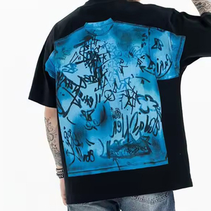 Unisex maglietta estiva a maniche corte girocollo con Graffiti rotanti a mano in cotone pesante stile retrò <span class=keywords><strong>Americano</strong></span> Hip Hop - Product Image 2