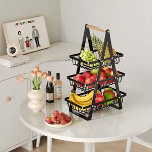 Étagère de rangement pour snacks, pain et légumes, panier en fil de fer avec poignée en bois, pour camping, pique-nique, salon, moderne, non pliable, pour fruits - Product Image 6