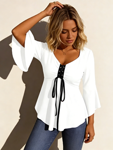 Blusa Elegante para Mujer con Cuello en V, Mangas Campana, Cierre de Cordones, Ecológica, para Primavera/Otoño, Uso Diario - Product Image 4