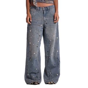 Jean Colossus en denim épais 100 % coton pour homme, coupe oversize style skate, taille basse, gris bleu délavé, clouté, vente en gros - Product Image 1