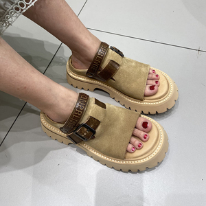 Soldes d'été : Sandales mules à bride unique en cuir de vachette véritable pour femme, à bout ouvert, portables de deux façons, à semelle épaisse - Product Image 5