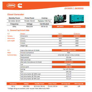 JDC83D5S Bycummins 60 kW 75 KVA générateur <span class=keywords><strong>Home</strong></span> Depot 3 phases 400V alimenté par moteur diesel 4BTA3.9- G11 pour application domestique - Product Image 5