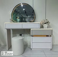 Ensemble de coiffeuse moderne blanc avec miroir LED rond, armoire latérale à double tiroir, lumière chaude, meuble de vanité pour chambre à coucher