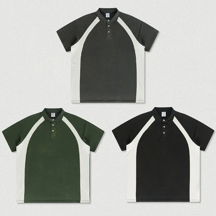 Color Block 100% Algodão Malha Vintage Turn-down Collar Raglan Manga Respirável Lavado Polo T-Shirt para Homens