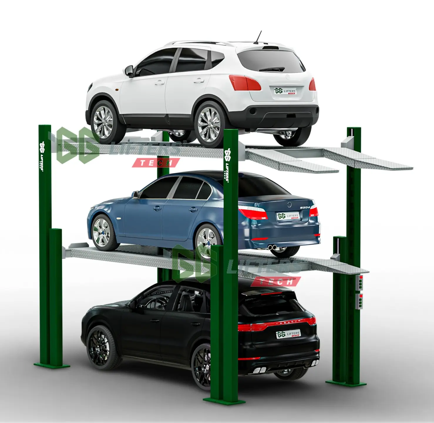 ट्रिपल स्तरों कार पार्किंग लिफ्ट हाइड्रोलिक सिलेंडर संचालित कार लिफ्ट वाहन 4 पोस्ट गेराज उपकरण