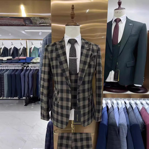 S021N <span class=keywords><strong>3</strong></span> pièces hommes Plaid <span class=keywords><strong>costume</strong></span> bouton fermeture tissu grande taille décontracté hôte mariage transfrontalier commerce extérieur pour la fête - Product Image 1