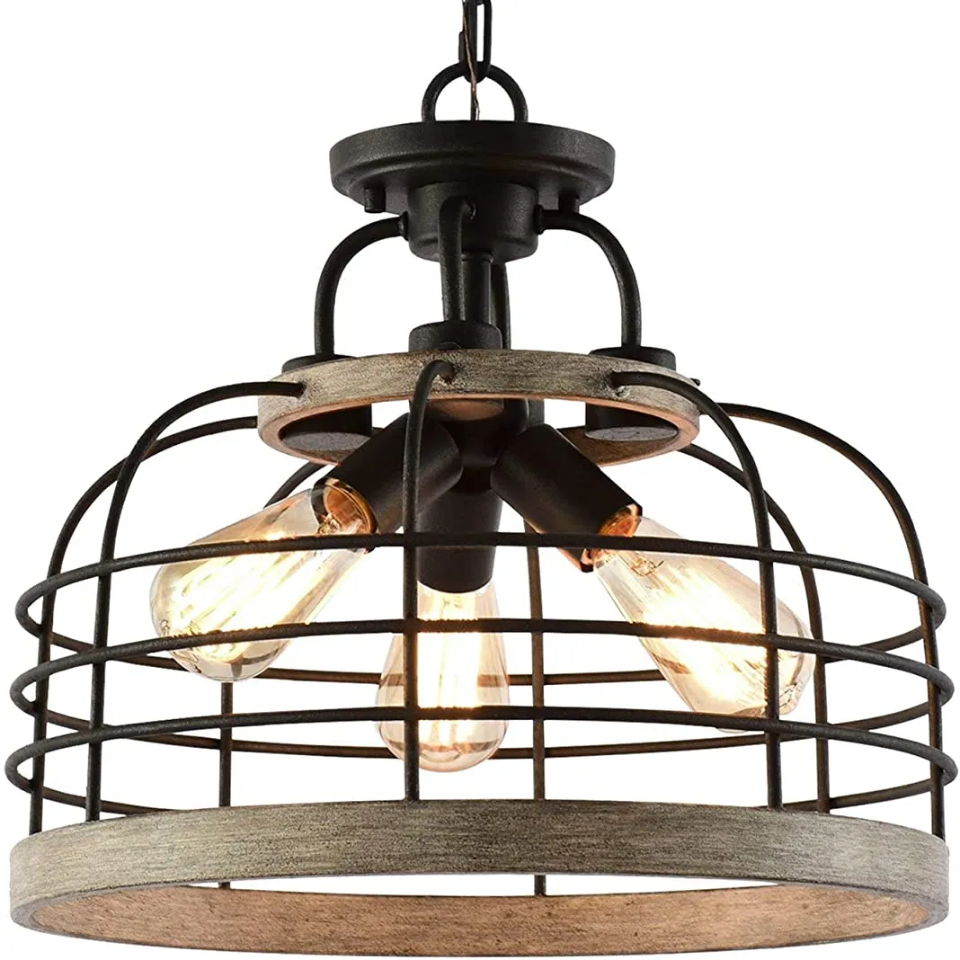 3-Light Industrial Farmhouse Semi Flush Ceiling Light With Cage Shade Rustic Lighting Fixture Kitchen Island