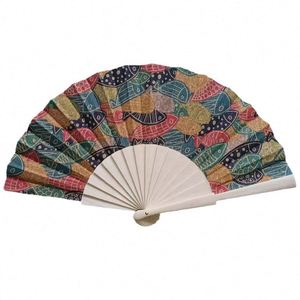 Abanico Plegable Portátil Ecológico de Corcho y Bambú de 23 cm con Estampado, Abanico de Mano de Tela y Madera con Técnica Pintada, Abanico Vegano Promocional - Product Image 2