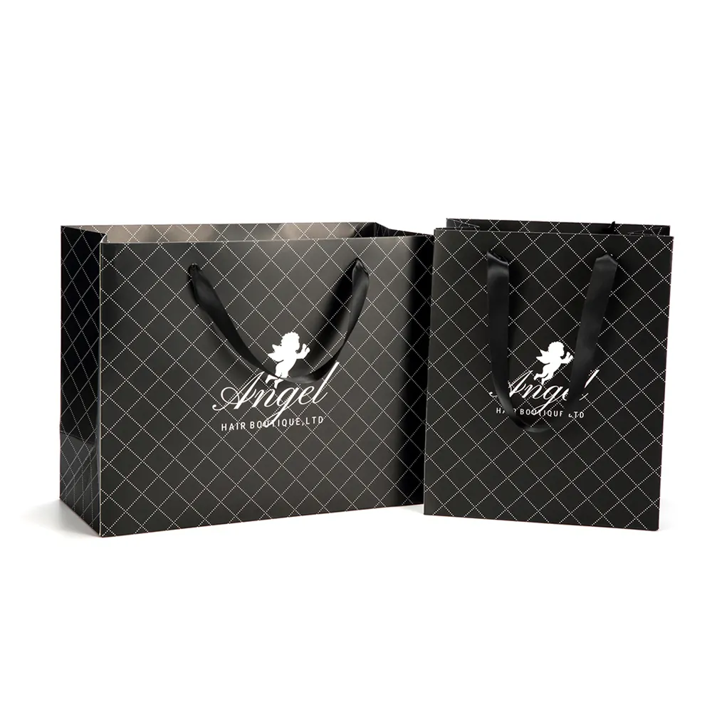 Индивидуальный роскошный черный подарочный бумажный пакет с напечатанным логотипом для обуви, одежды, покупок, свадебный подарок, упаковка для ювелирных изделий с ленточными ручками