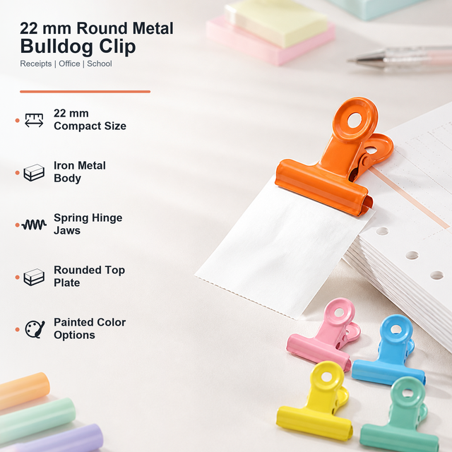 OEM Custom Logo 22mm Round Metal Bulldog Clip Painted Color Paper Receipt Holder for Office School Home Stationery and Documents