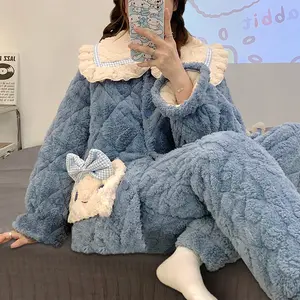 Pijama coral de veludo com três camadas, pijama de algodão quente e de flanela