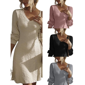 Vestidos Elegantes de Manga Larga con Cuello en V y Textura Lisa para Mujer - Product Image 1