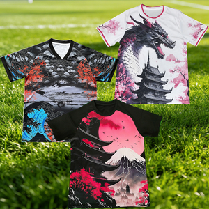 قميص كرة قدم ياباني بالجملة بتصميم الساموراي، قميص كرة قدم أزرق بأسلوب الساموراي بسعر المصنع وحد أدنى منخفض للطلب - Product Image 1