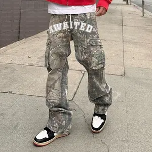 2024 Wholesale Men's Unisex Trousers Plus Size Stacked Streetwear Camouflage Camo Baggy Cargo Pants With Pockets