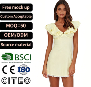 <span class=keywords><strong>Vestido</strong></span> Mini <span class=keywords><strong>Amarillo</strong></span> <span class=keywords><strong>con</strong></span> Cuello en V y Mangas <span class=keywords><strong>con</strong></span> Volantes para Mujer, <span class=keywords><strong>Vestido</strong></span> Corto Sexy <span class=keywords><strong>con</strong></span> Dobladillo de Encaje para Fiesta, Playa o Vacaciones - Product Image 1