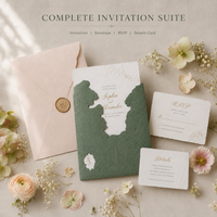 Ensemble d'invitations de mariage de luxe personnalisées, gaufrées, avec motif paysager végétal vintage, noms en feuille d'or et carte de réponse assortie