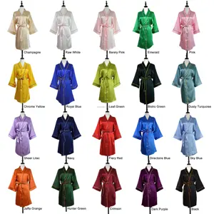 Ready To Ship 20 Colors Luxury Silk Kimono Drop Shoulder Contrast Piping Robes Beauty SPA Women Sleepwear Nightdress