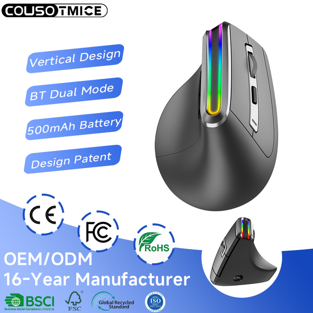 Large Size 8D RGB Backlit Bluetooth Ergonomic Mouse Computer Mice Rechargeable Wireless Vertical Mouse for Big Hands
