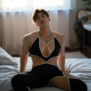 Body de yoga hueco para hombre, conjunto de lencería sexy ajustado de seda helada, atuendo de rol de estilo abstinencia para crossdressing - Product Image 3